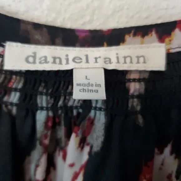 Daniel Rainn Top Long Sleeves Neckline‎ Tie Accent Chiffon Black Abstract Sz L - Picture 6 of 13